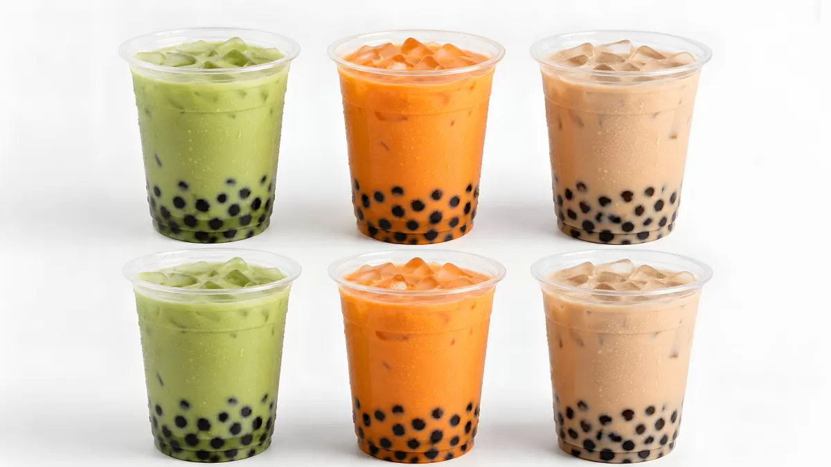 Sechs Bubble-Tea-Becher in grün, orange und braun