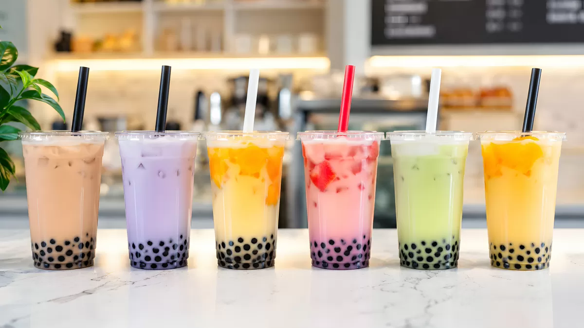 Sechs bunte Bubble-Tea-Becher in einer Reihe