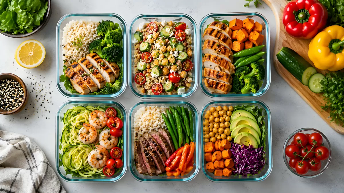 Sechs bunte Meal-Prep-Boxen mit Gemüse und Protein