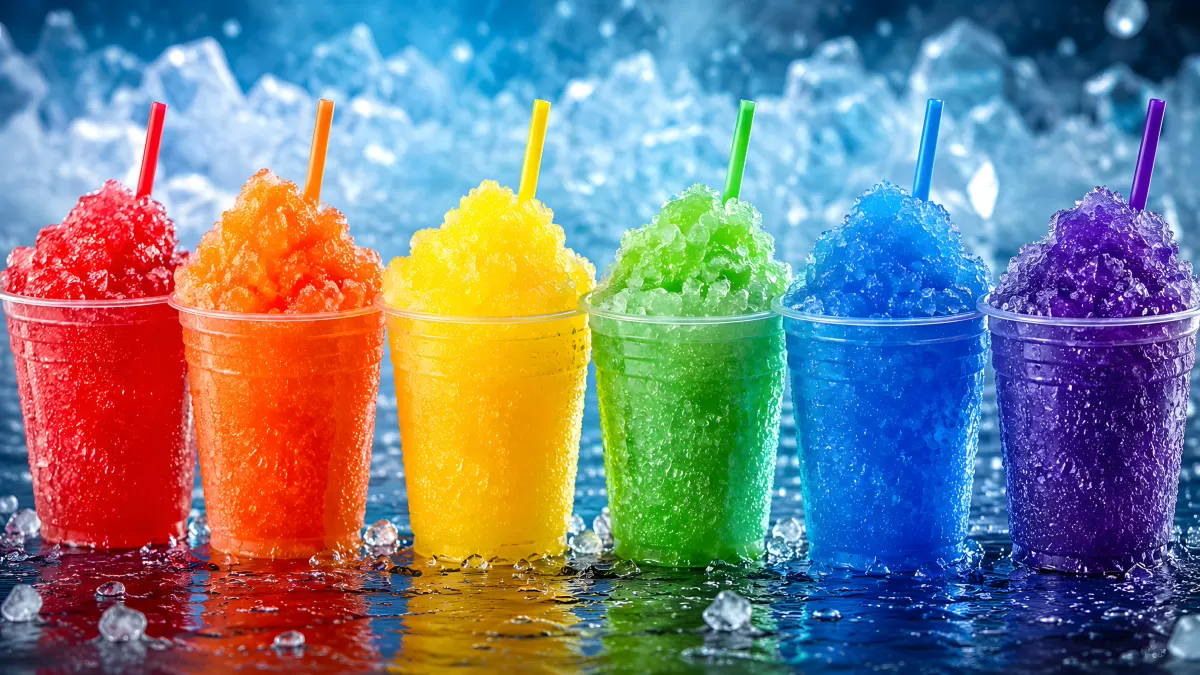 Sechs bunte Slusheis-Becher in Regenbogenfarben