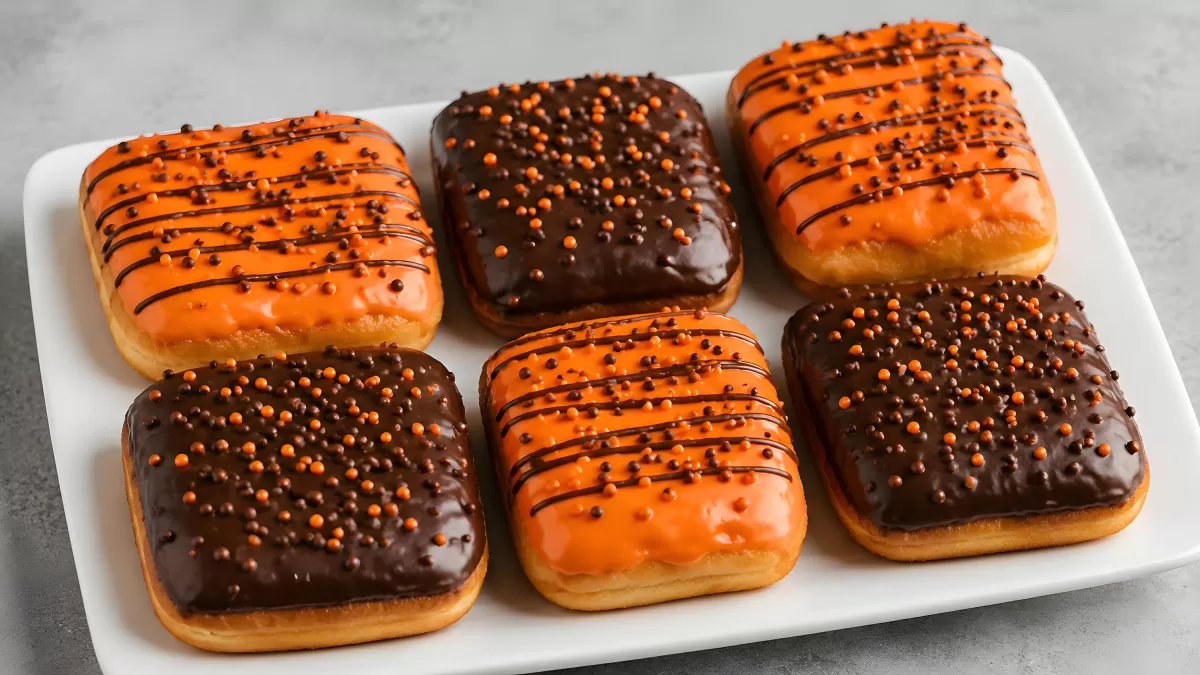 Sechs Halloween-Donuts mit Schoko- und Orangenglasur