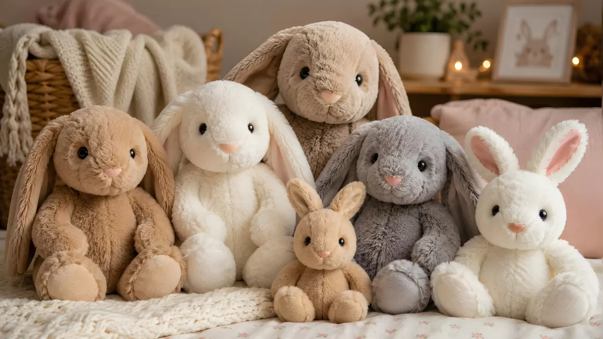 Sechs Hasen-Plüschtiere in Beige, Weiß und Grau