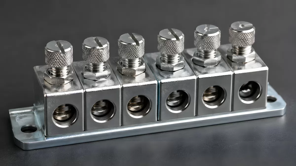 Sechspoliger Schraubklemmenblock aus Metall