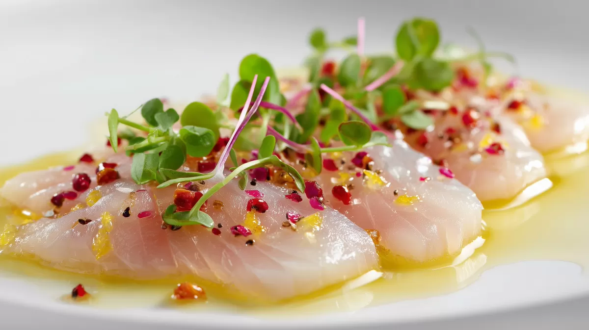 Seebarsch Crudo mit Yuzu und Microgreens