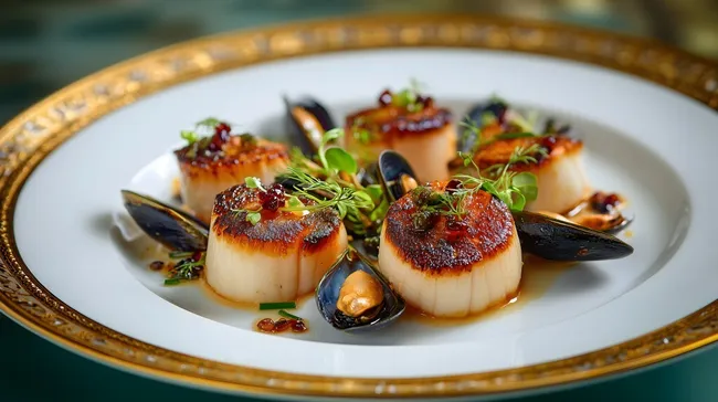 Seefrüchte-Delikatesse mit goldfarbigen Jahrmarktmuscheln