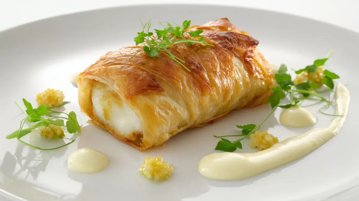 Seelachs im knusprigen Strudelteig auf weißem Teller