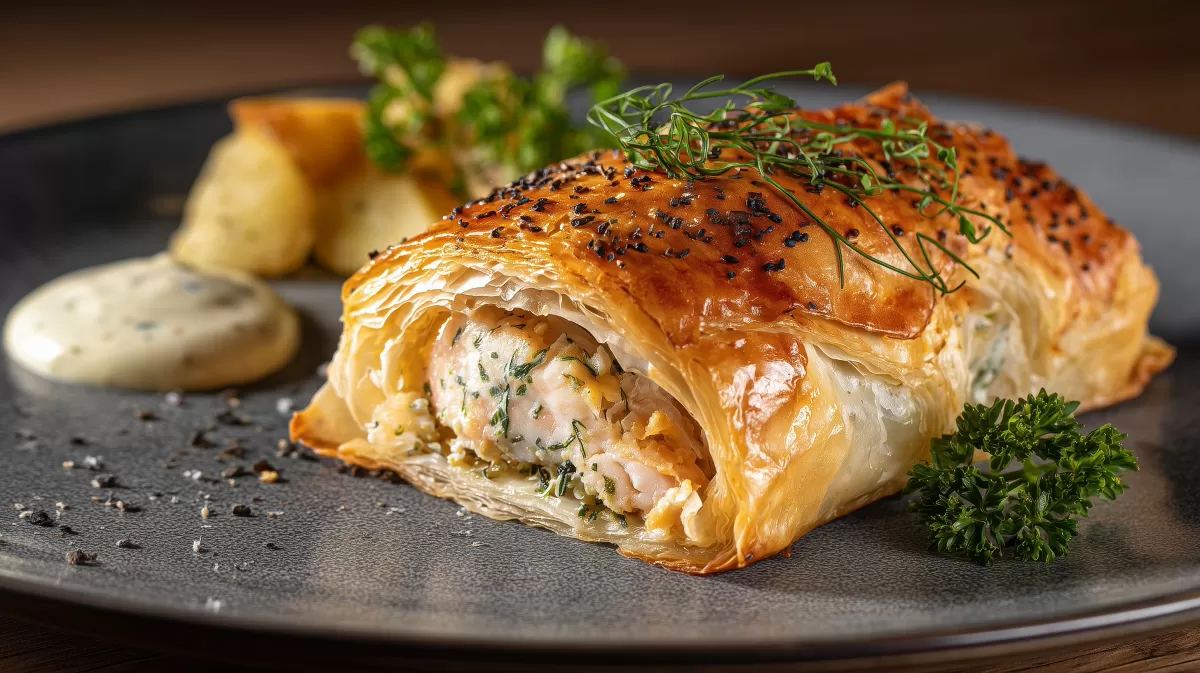 Seelachs im Strudelteig mit Dill und Dipsauce