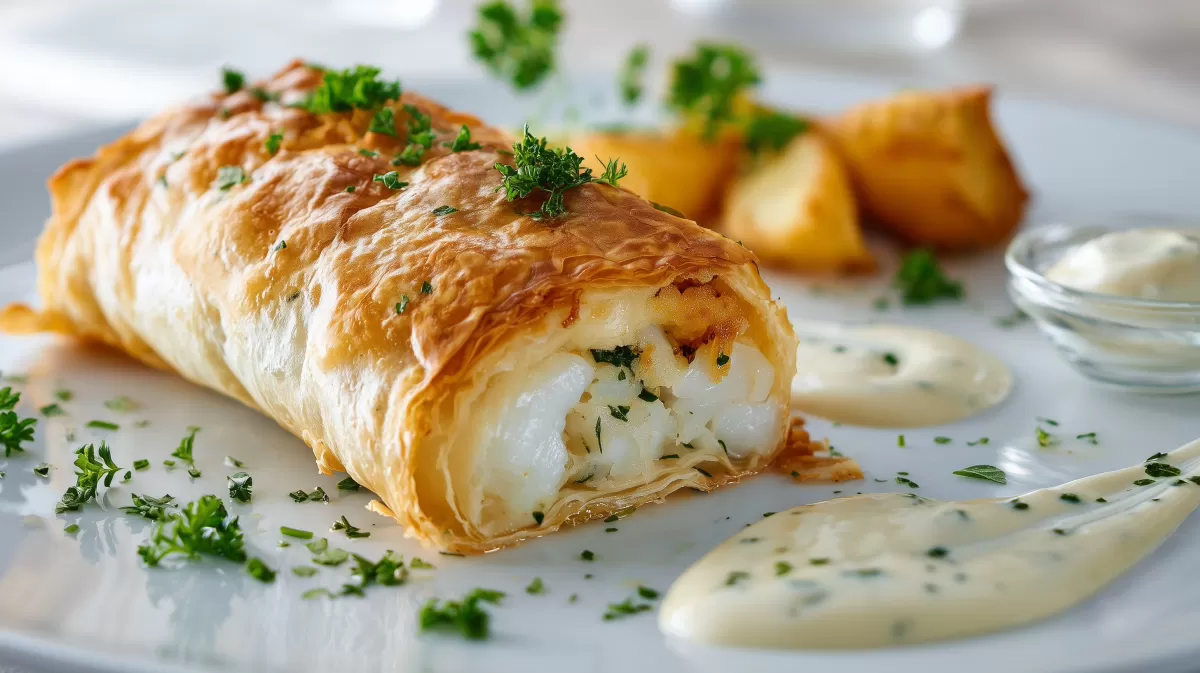 Seelachs im Strudelteig mit Kräuterrahmsauce
