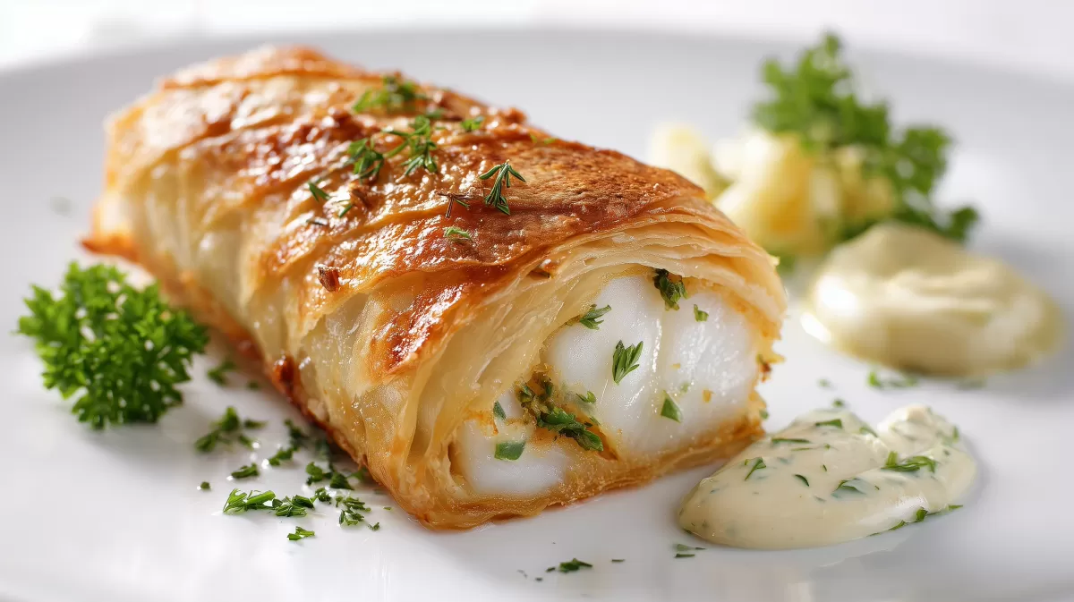 Seelachs im Strudelteig mit Kräutersauce