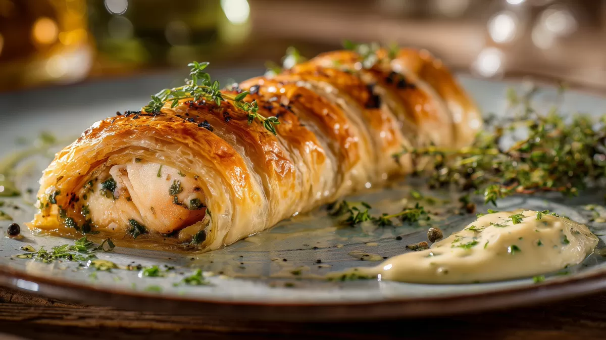 Seelachs im Strudelteig mit Kräutersoße