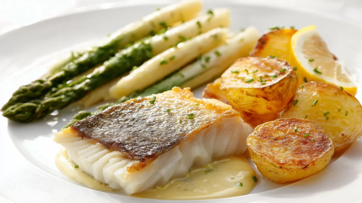 Seelachsfilet mit Spargel und Bratkartoffeln