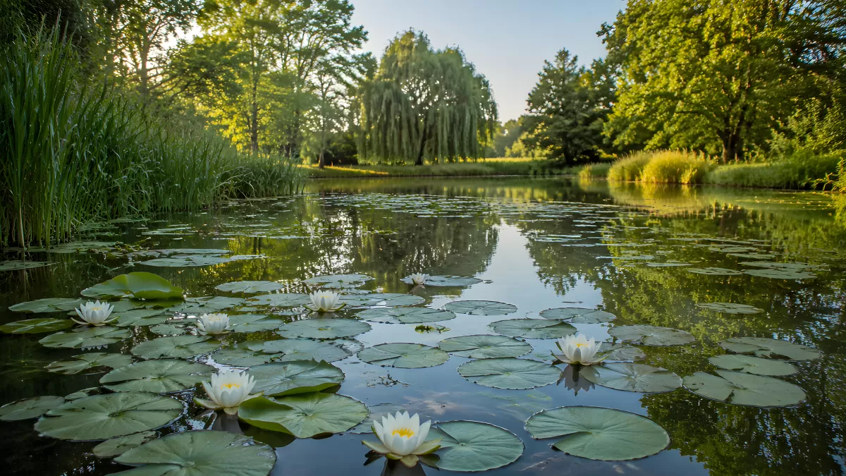 Seerosen auf ruhigem Teich im sommerlichen Park
