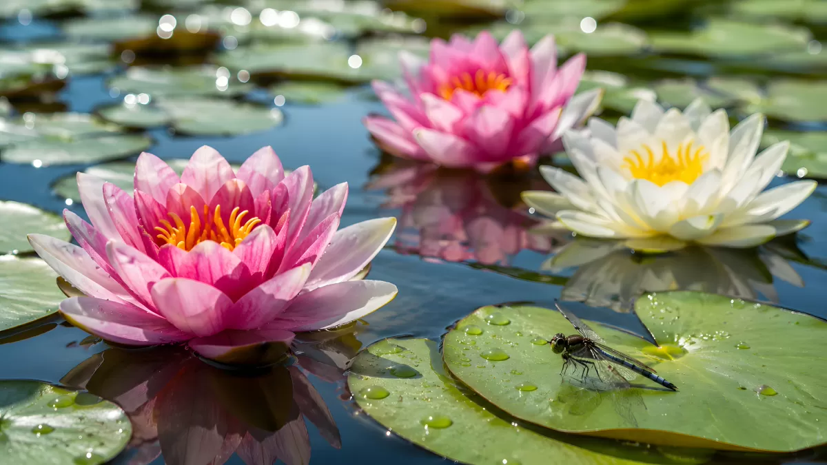 Seerosen in Pink und Weiß auf einem Gartenteich