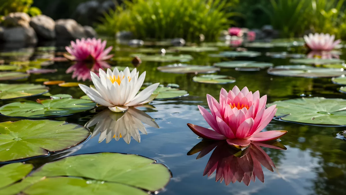 Seerosen in Rosa und Weiß auf ruhigem Gartenteich