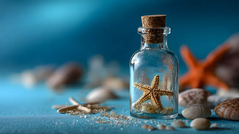 Seestern auf Sand mit Muschel und Meerblick