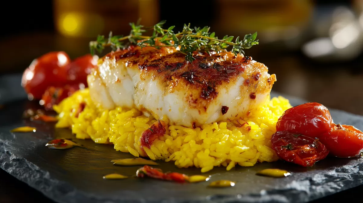 Seeteufelfilet gebraten auf Safranreis fotorealistisch