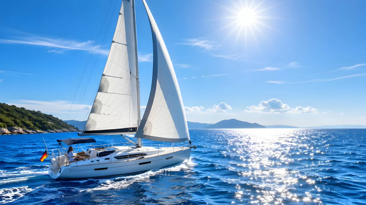 Segelboot auf blauem Mittelmeer bei strahlendem Sonnenschein