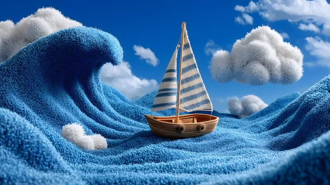 Segelboot auf kreativer Stoffwelle im Kinderdesign