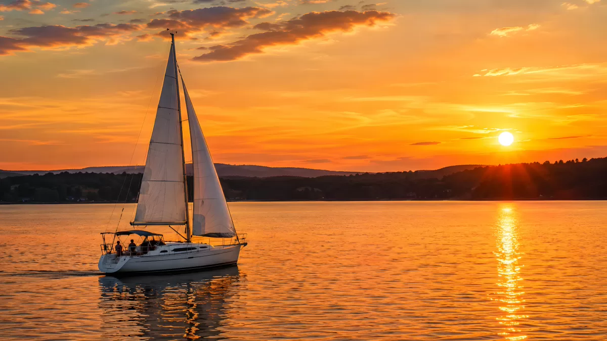 Segelboot auf ruhigem See beim goldenen Sonnenuntergang