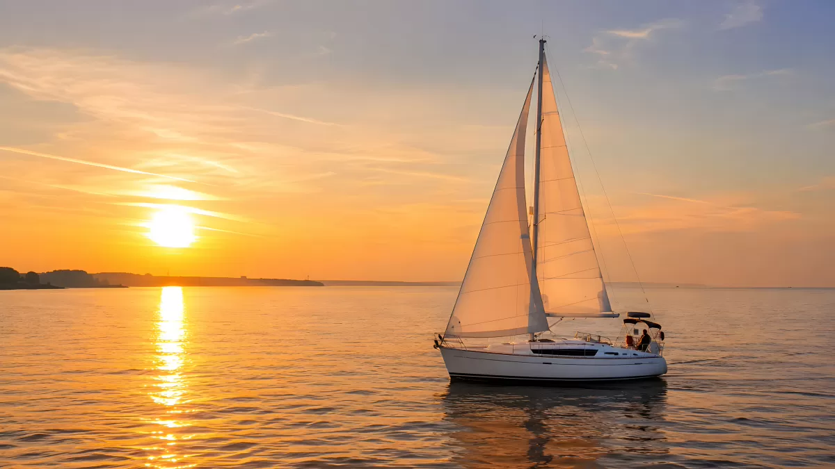 Segelboot bei Sonnenuntergang auf ruhigem Wasser