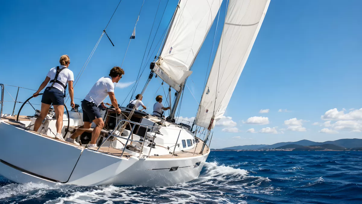 Segelboot mit Crew auf blauem Mittelmeer unterwegs