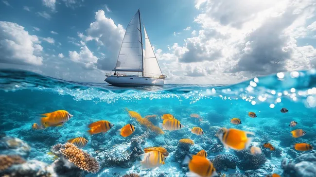 Segelboot über tropischem Korallenriff - Unterwasserwelt