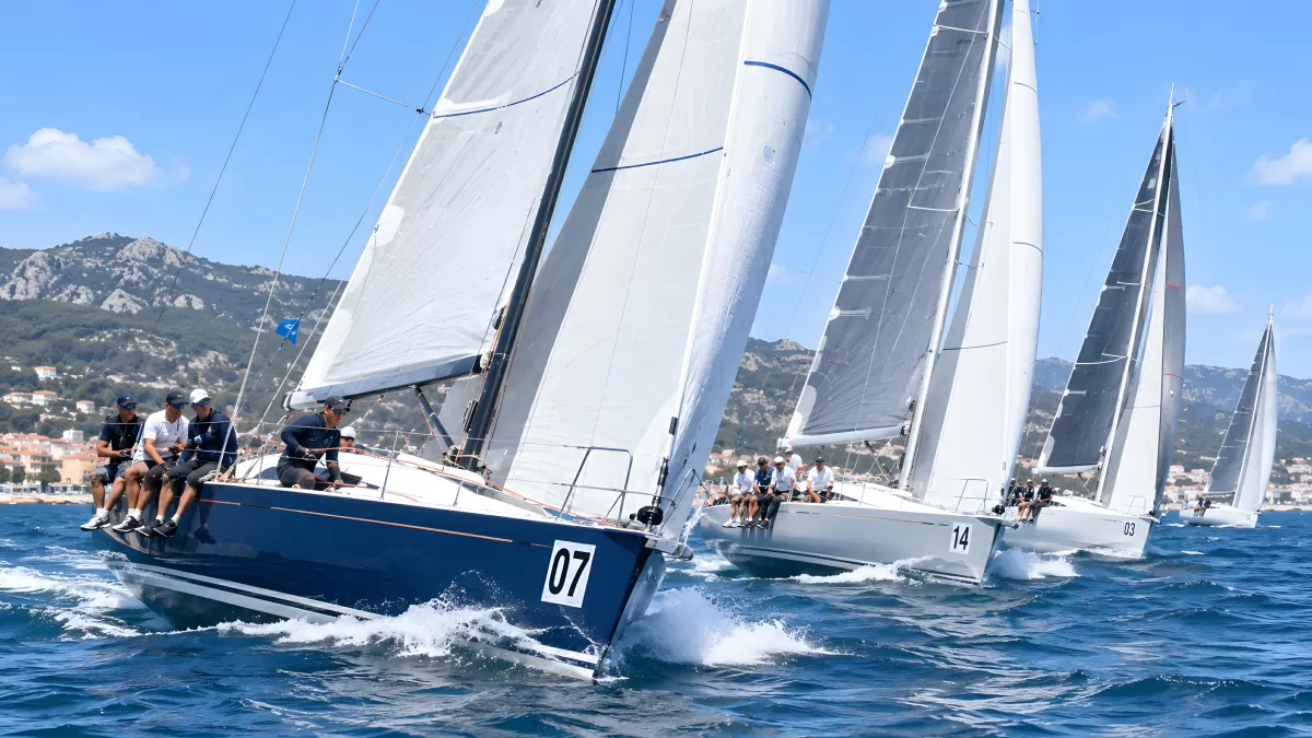 Segelregatta mit mehreren Yachten auf blauem Meer