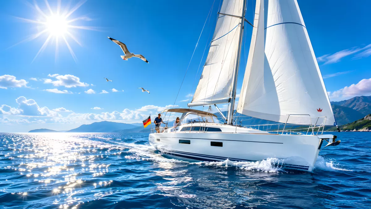 Segelyacht mit Deutschlandflagge auf blauem Mittelmeer
