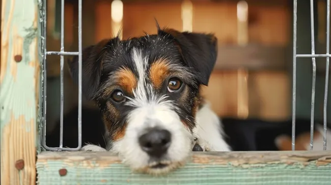 Sehnsüchtiger Blick des Hundes aus dem Zwinger