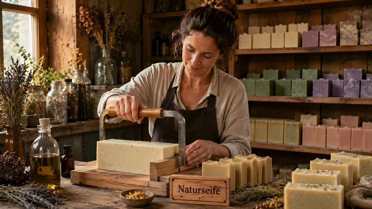 Seifenmacherin schneidet handgemachte Naturseife im Laden