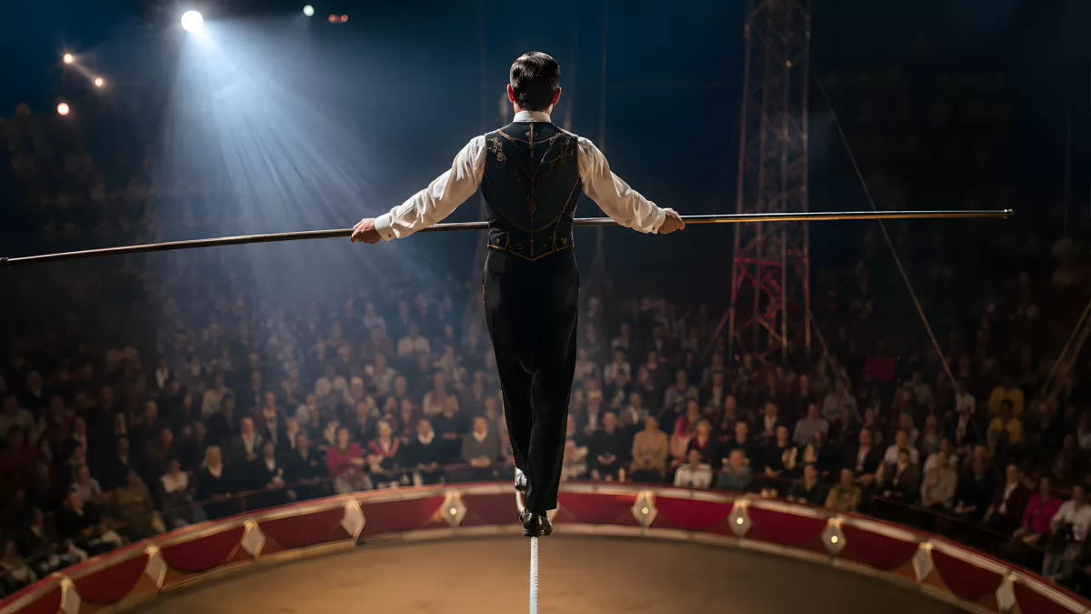 Seiltänzer balanciert in klassischem Zirkus vor Publikum
