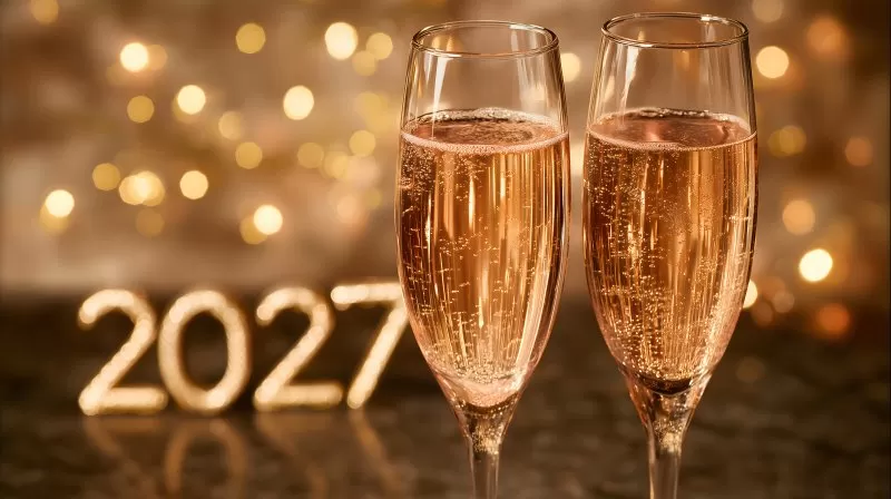 Sektgläser mit goldenem Schaumwein und 2027 im Hintergrund