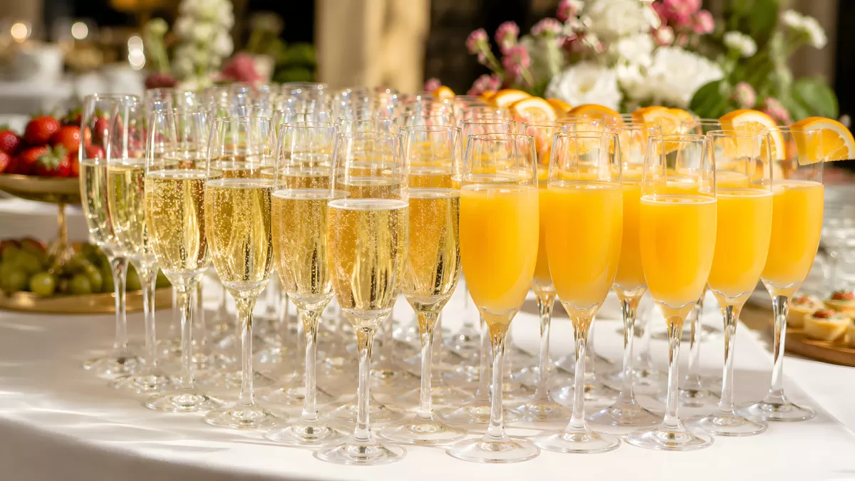 Sektgläser und Mimosas auf festlich gedecktem Tisch