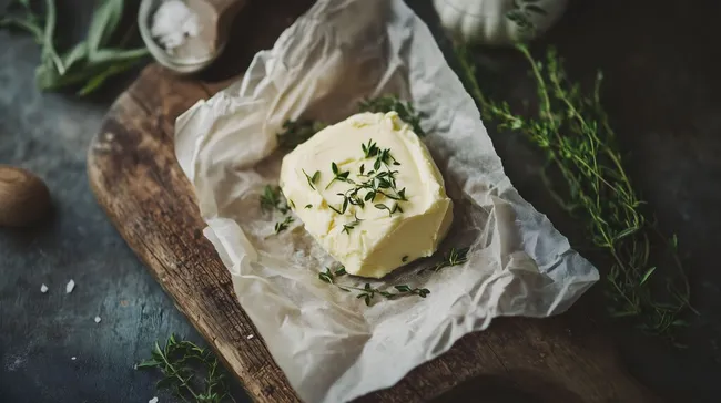 Selbst hergestellte Butter mit frischen Kräutern auf Holzuntergrund