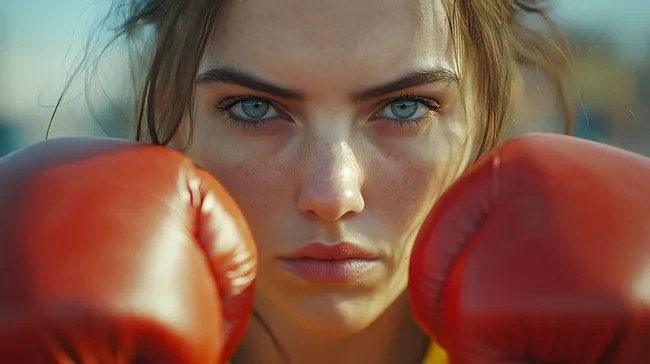 Selbstbewusste Boxerin blickt entschlossen in die Kamera