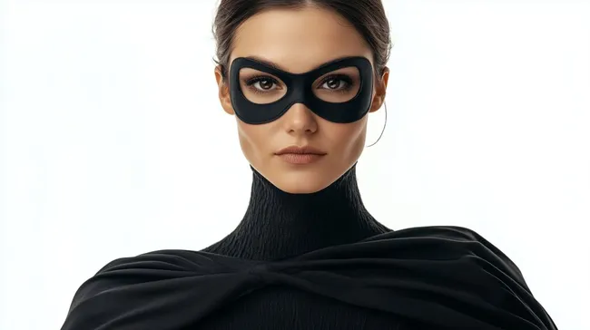 Selbstbewusste Frau im Superheldinnen-Outfit mit Maske