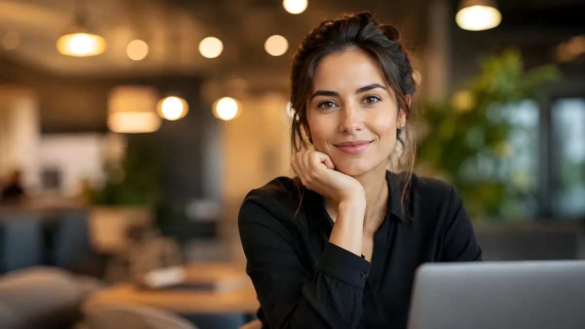 Selbstbewusste Geschäftsfrau am Laptop im modernen Büro