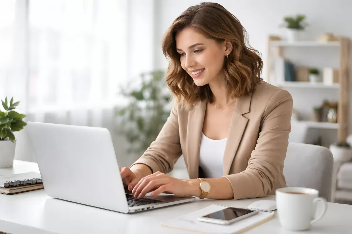 Selbstbewusste Geschäftsfrau am Laptop