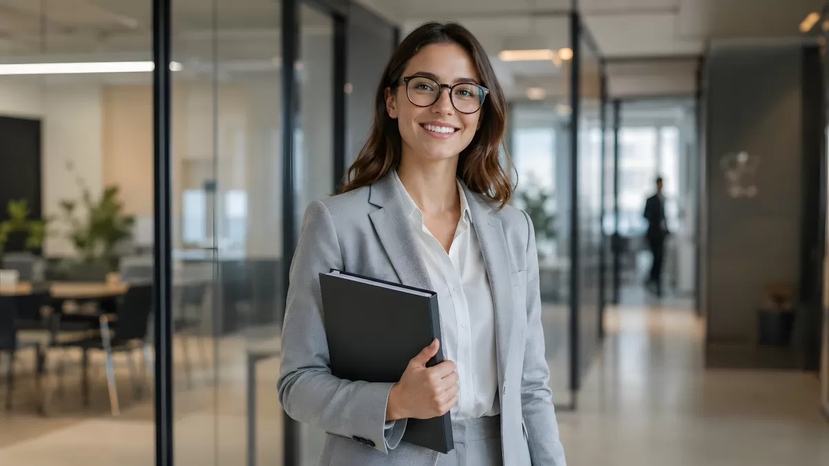 Selbstbewusste Geschäftsfrau im modernen Büroflur