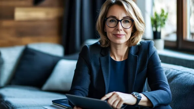 Selbstbewusste Geschäftsfrau in elegantem Outfit