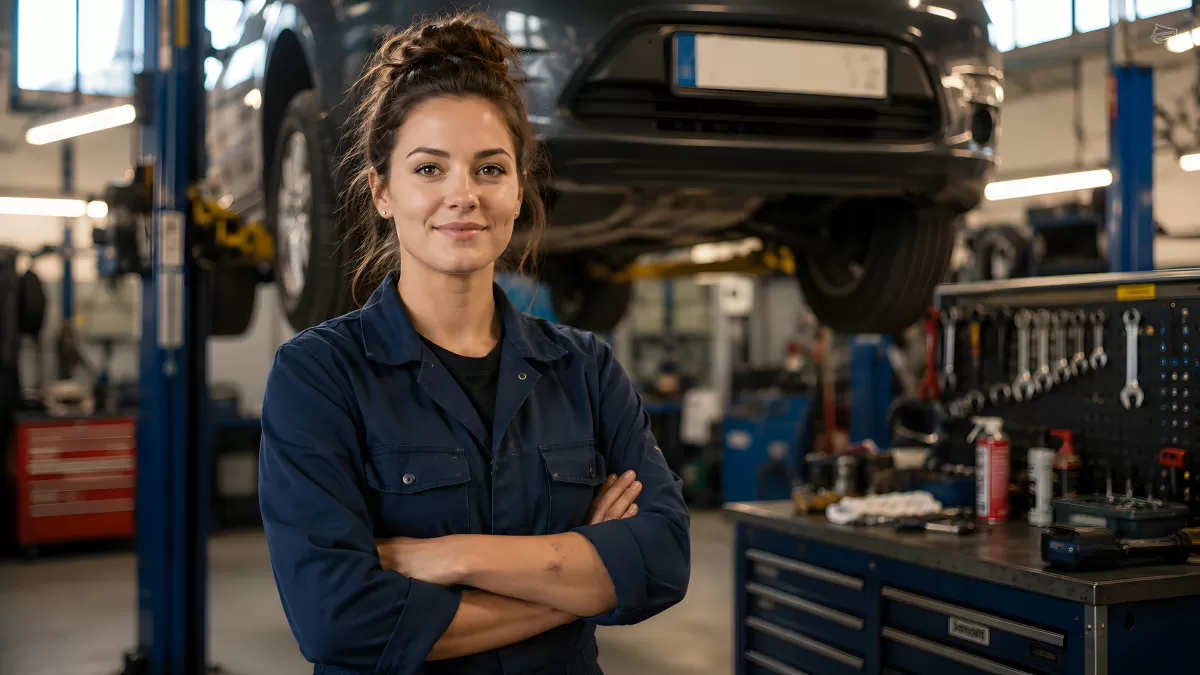 Selbstbewusste Kfz-Mechanikerin in blauer Arbeitsuniform