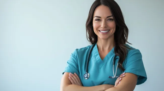 Selbstbewusste Krankenschwester im blauen Arztkittel mit Stethoskop