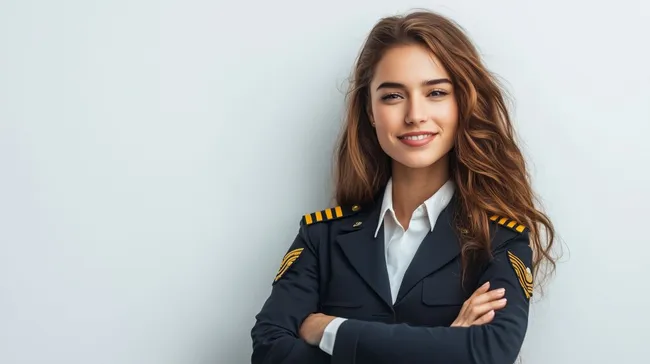 Selbstbewusste Pilotin in Uniform mit verschränkten Armen