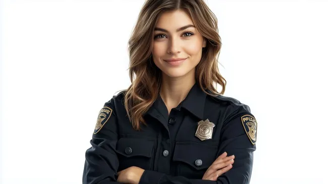 Selbstbewusste Polizistin in Uniform mit Abzeichen