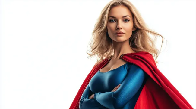 Selbstbewusste Superheldin in rotem Umhang