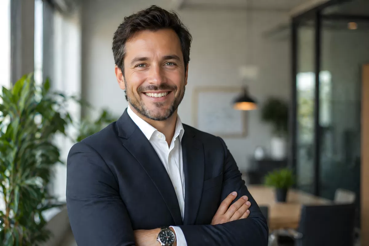 Selbstbewusster Geschäftsmann im modernen Büro lächelt