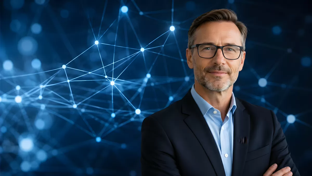 Selbstbewusster Geschäftsmann vor blauem Netzwerk-Hintergrund