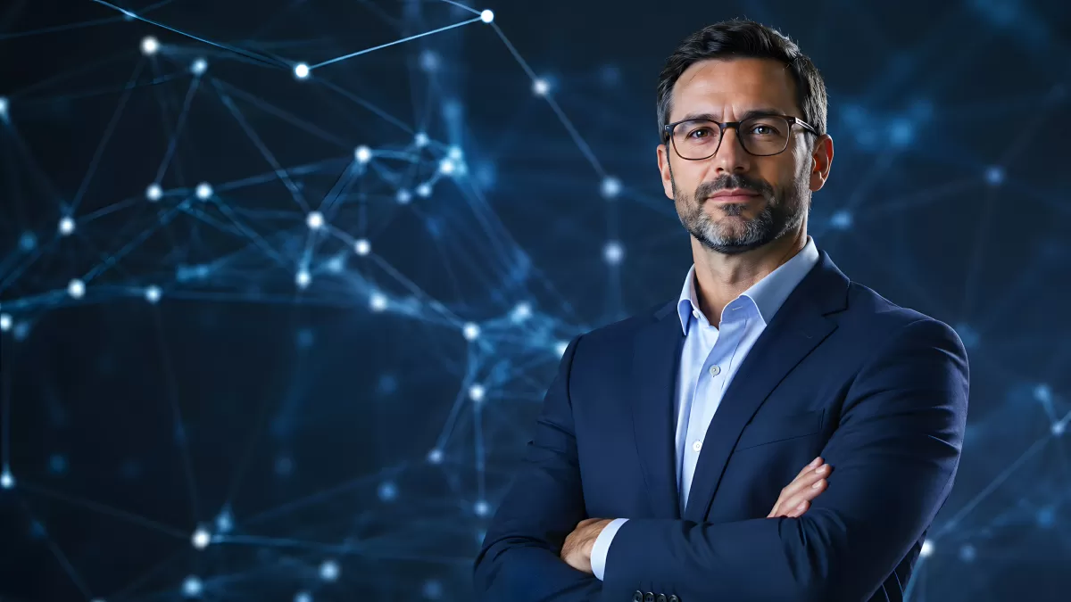 Selbstbewusster Geschäftsmann vor digitalem Netzwerk