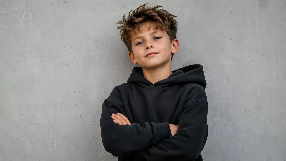 Selbstbewusster Junge mit schwarzem Hoodie an Betonwand