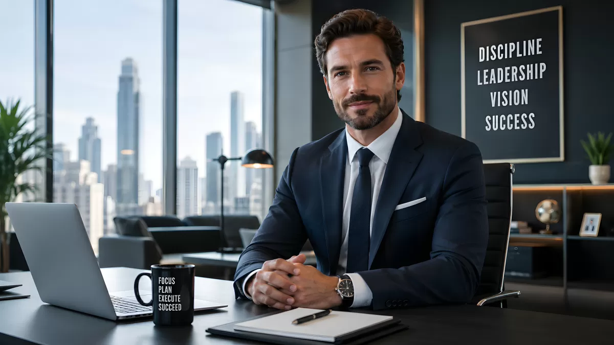 Selbstbewusster Manager im modernen Büro mit Stadtblick